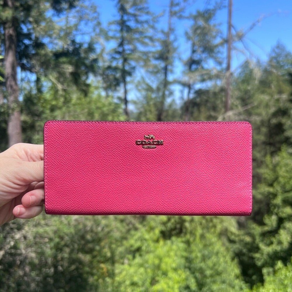 COACH Slim Bifold Wallet PINK Crossgrain Leather with Gold Hardware AUTHENTIC